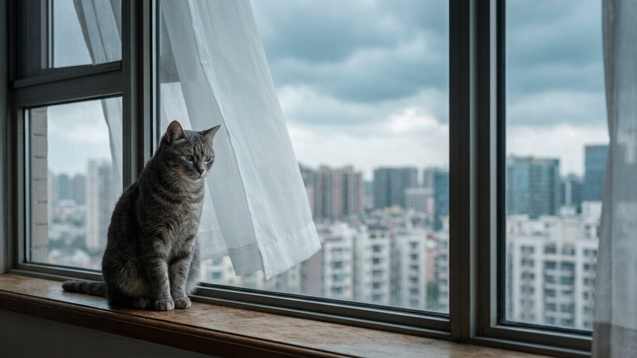 Кошка сидит на подоконнике открытого окна, смотрит вниз на улицу, летний день, городской двор внизу